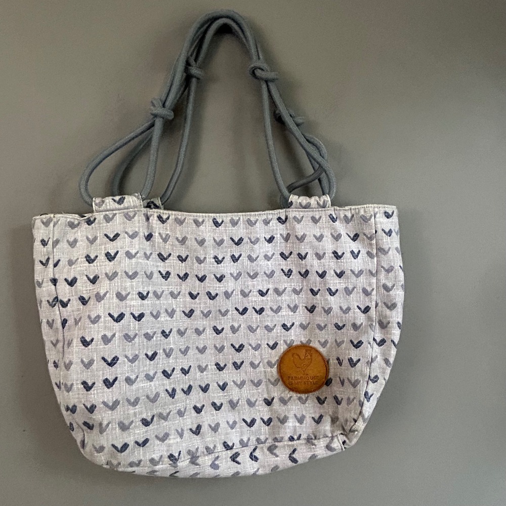 Farmhouse Is My Style Classic Tote Bag Grey Heart Print Rope Handle Rooster Logo